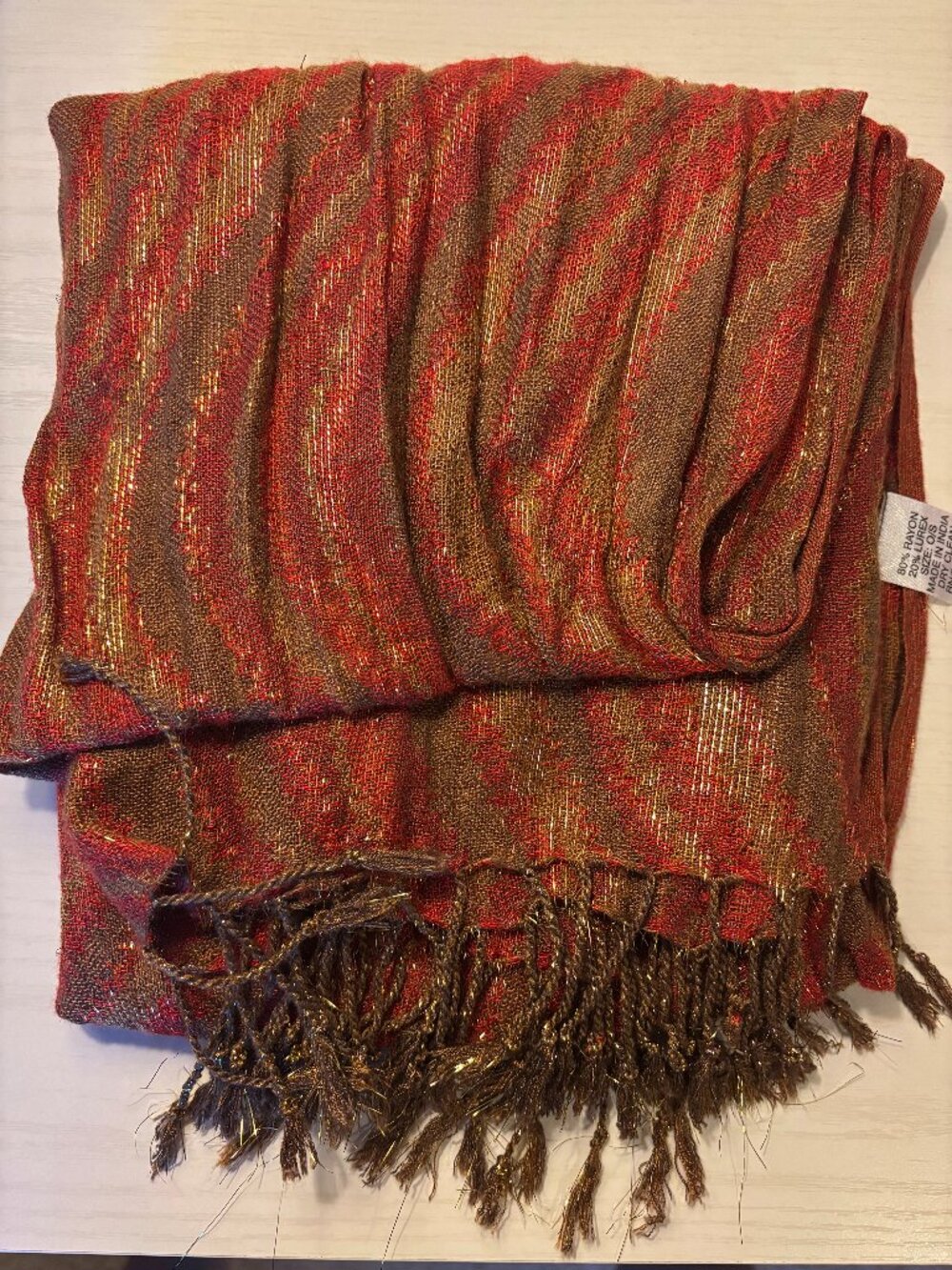 Rust red and bronze tan with gold-metallic threads fringed scarf-  Made in India